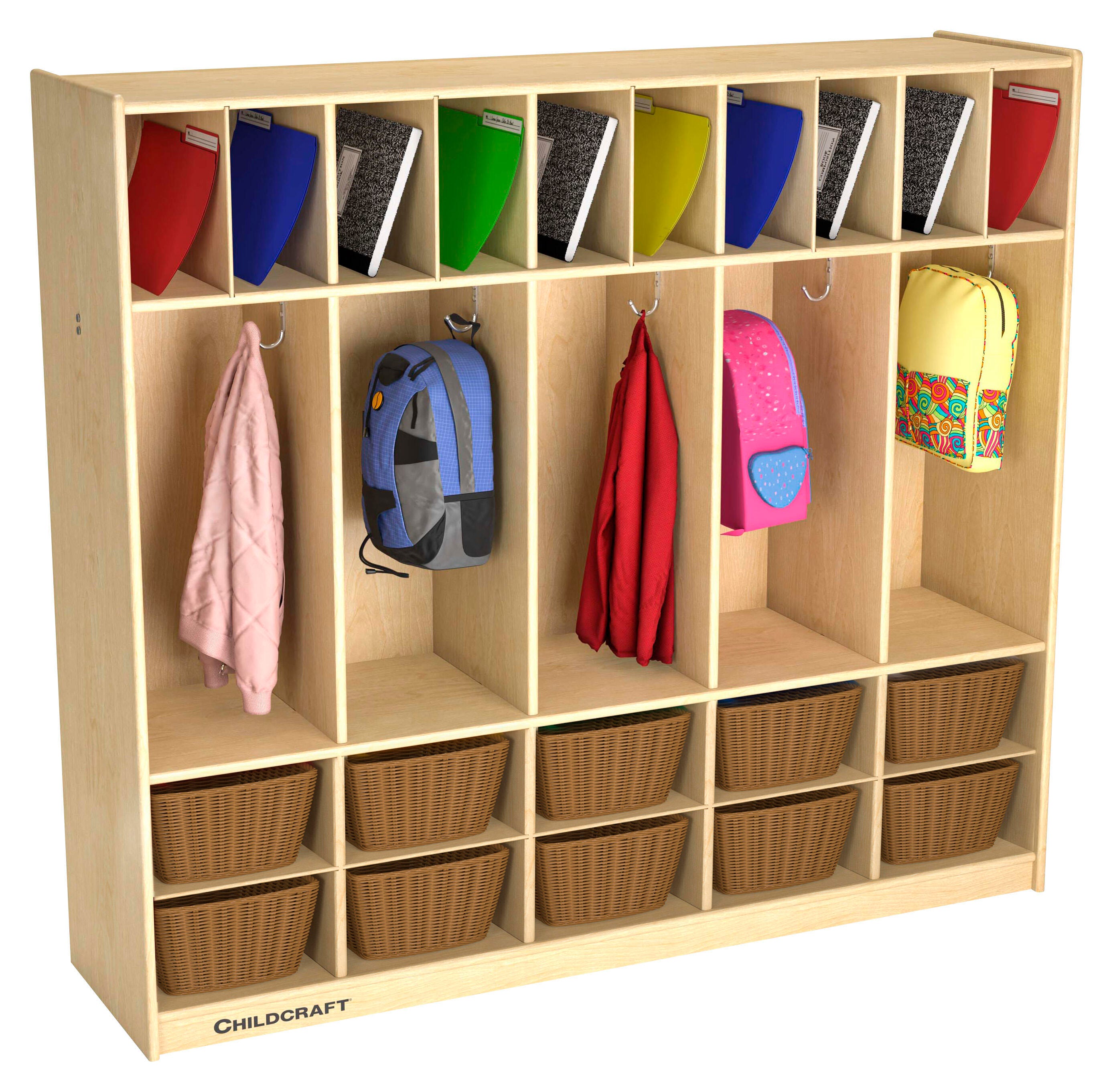 Childcraft Double-Bin Coat Locker with 10 Wicker Baskets, 53-3/4 x 14-1/4 x 48 Inches 2162717